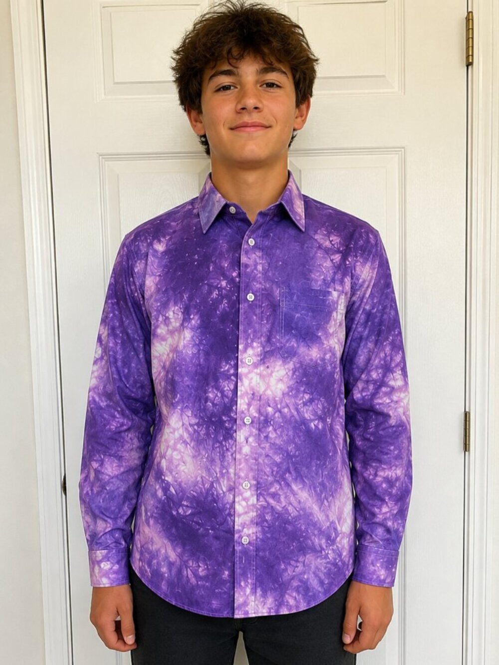 Nordstrom Size 16 Boys Button Down Tie Dye Purple Cotton Upcycled Long Sleeve